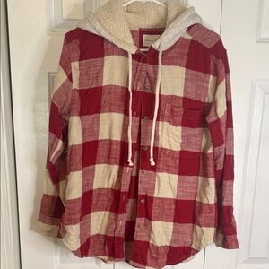 American Eagle Red and Cream Plaid Hooded Shirt